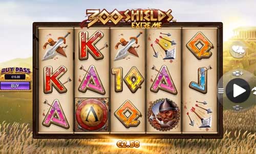 300 Shields Extreme base game screenshot showing reels and features