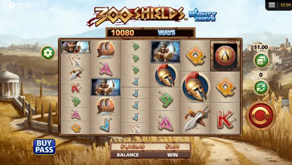 300 Shields Mighty Ways base game screenshot showing reels and features