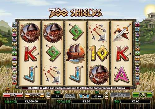 300 Shields base game screenshot showing reels and features