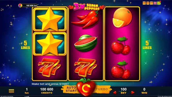 3x Super Peppers base game screenshot showing reels and features