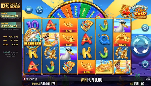 4 Fantastic Fish Gold Dream Drop base game screenshot showing reels and features