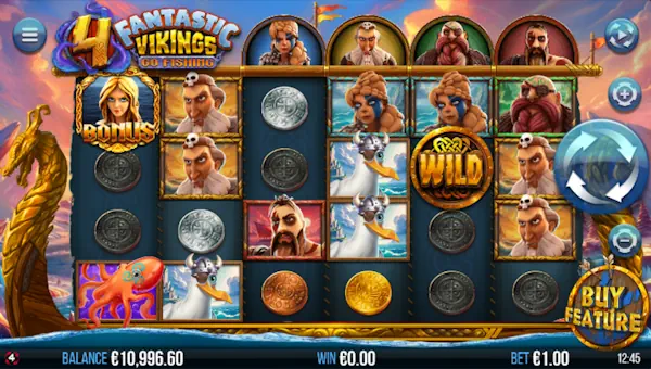 4 Fantastic Vikings Go Fishing base game screenshot showing reels and features