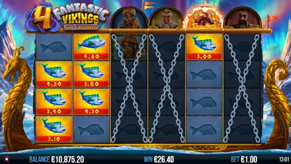 Screenshot of 4 Fantastic Vikings Go Fishing slot demo showing reels and bonus game features