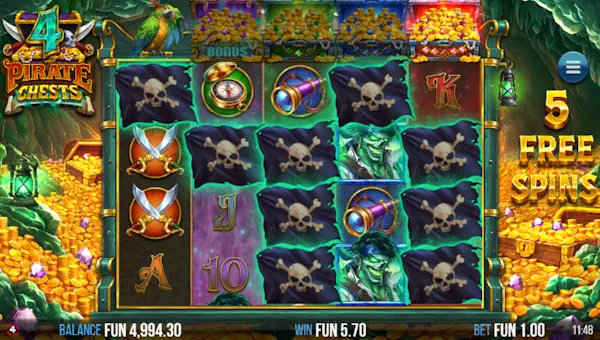 Screenshot of 4 Pirate Chests slot demo showing reels and bonus game features