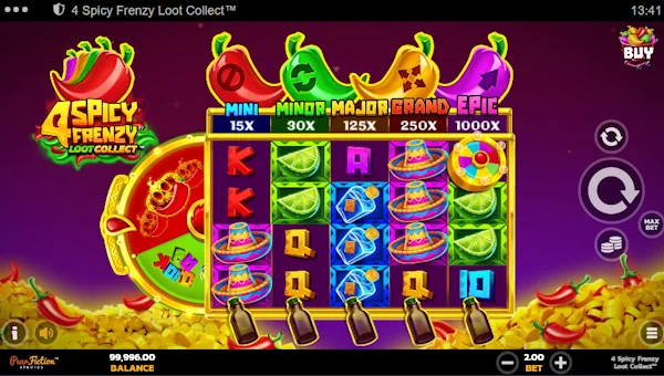 4 Spicy Frenzy base game screenshot showing reels and features