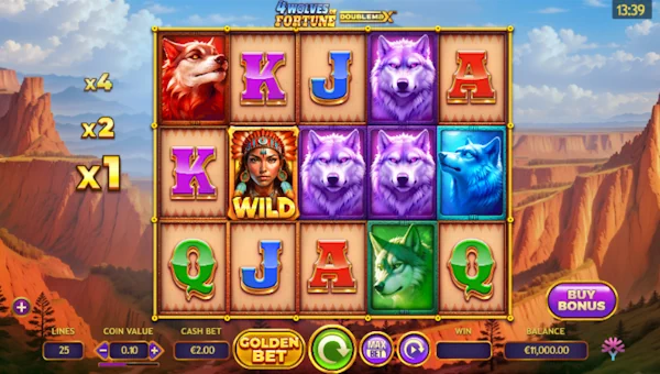 4 Wolves of Fortune DoubleMax base game screenshot showing reels and features