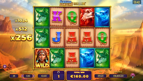 Screenshot of 4 Wolves of Fortune DoubleMax slot demo showing reels and bonus game features