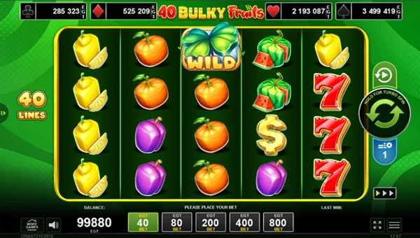 40 Bulky Fruits base game screenshot showing reels and features