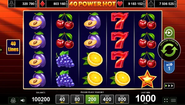 40 Power Hot base game screenshot showing reels and features
