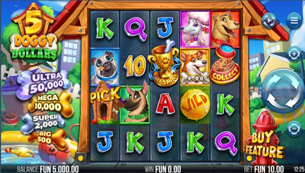 5 Doggy Dollars base game screenshot showing reels and features
