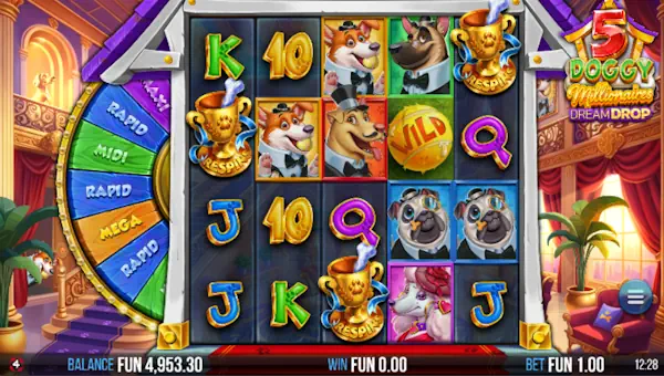 5 Doggy Millionaires Dream Drop base game screenshot showing reels and features