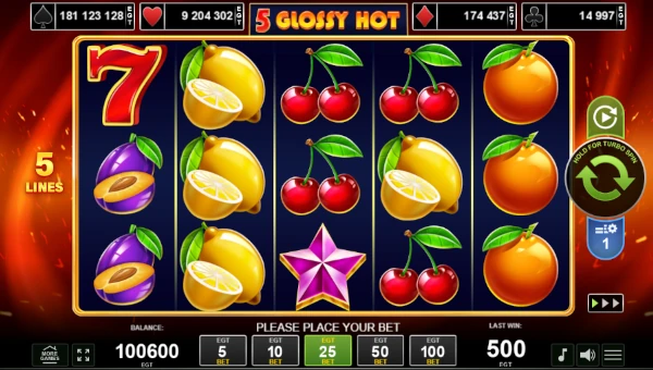 5 Glossy Hot base game screenshot showing reels and features