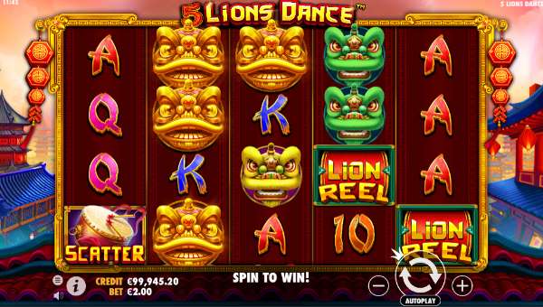 5 Lions Dance base game screenshot showing reels and features