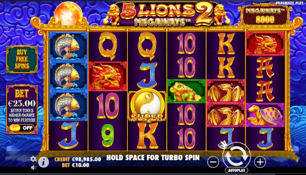 5 Lions Megaways 2 base game screenshot showing reels and features