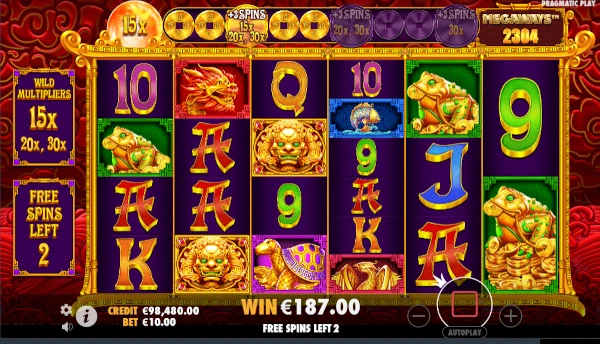 Screenshot of 5 Lions Megaways 2 slot demo showing reels and bonus game features