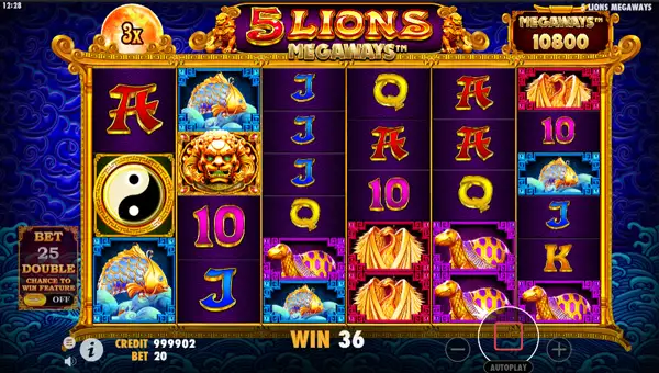 5 Lions Megaways base game screenshot showing reels and features