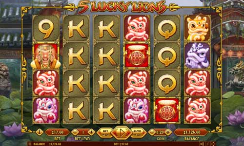 5 Lucky Lions base game screenshot showing reels and features