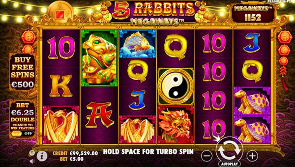 5 Rabbits Megaways base game screenshot showing reels and features