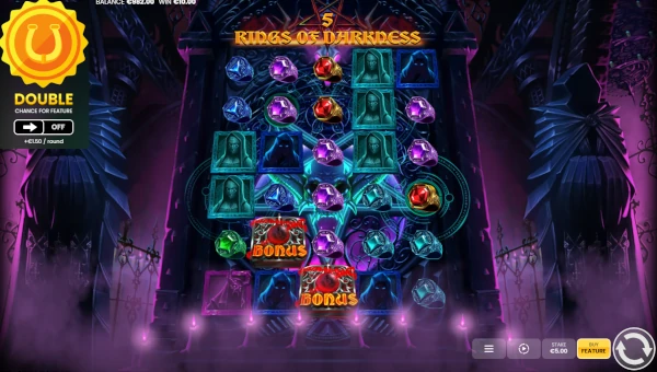 5 Rings of Darkness base game screenshot showing reels and features
