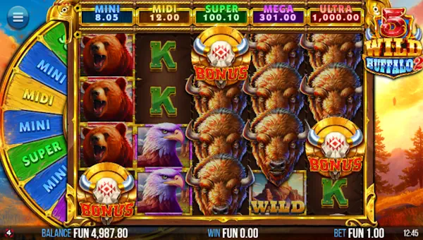 5 Wild Buffalo 2 base game screenshot showing reels and features