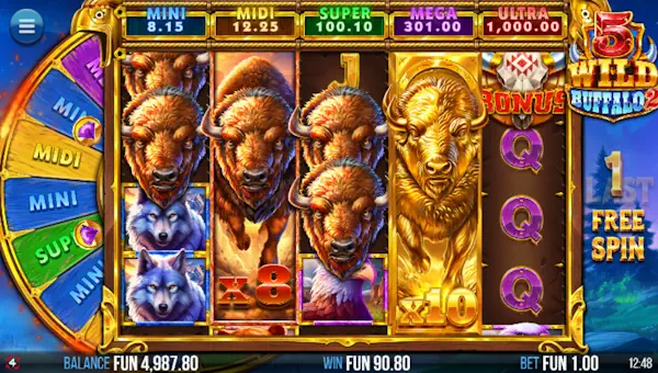 Screenshot of 5 Wild Buffalo 2 slot demo showing reels and bonus game features