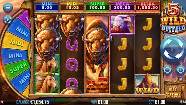 5 Wild Buffalo base game screenshot showing reels and features