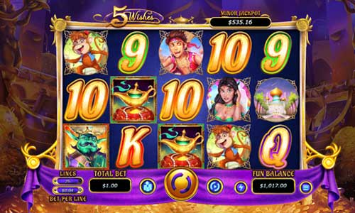 5 Wishes base game screenshot showing reels and features