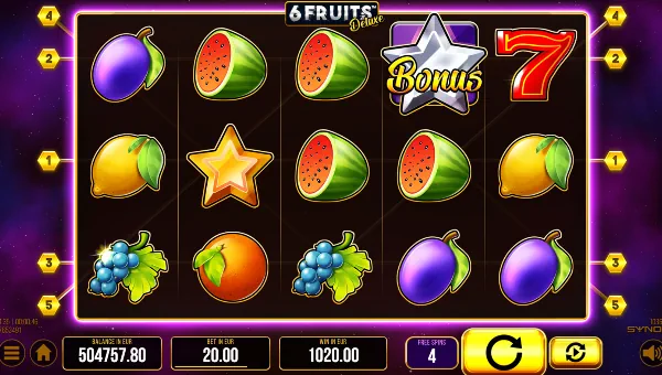 6 Fruits Deluxe base game screenshot showing reels and features