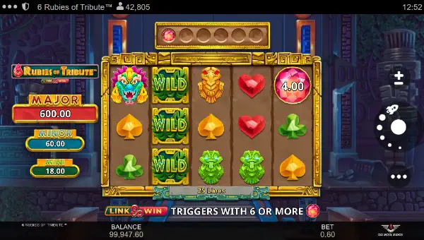 6 Rubies of Tribute base game screenshot showing reels and features