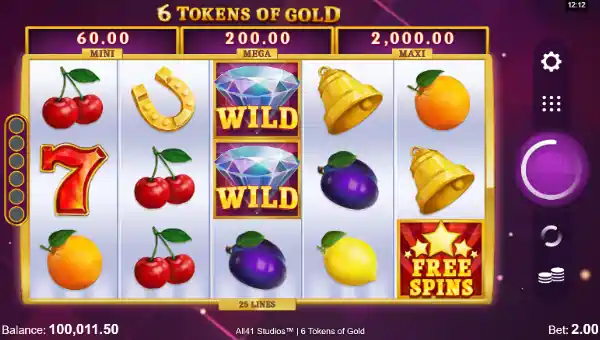 6 Tokens of Gold base game screenshot showing reels and features