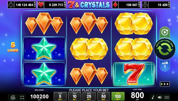 7 and Crystals base game screenshot showing reels and features