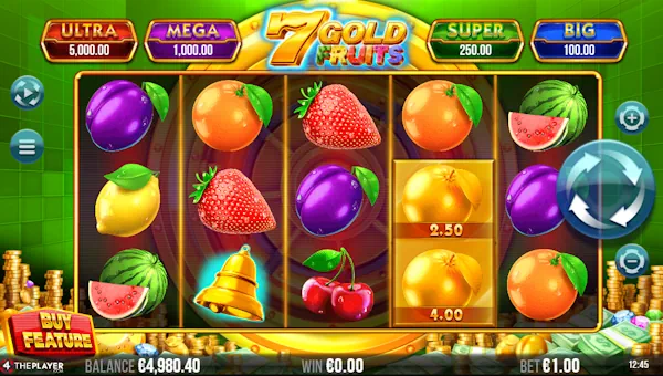 7 Gold Fruits base game screenshot showing reels and features