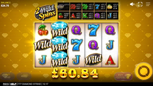 Screenshot of 777 Diamond Strike slot demo showing reels and bonus game features