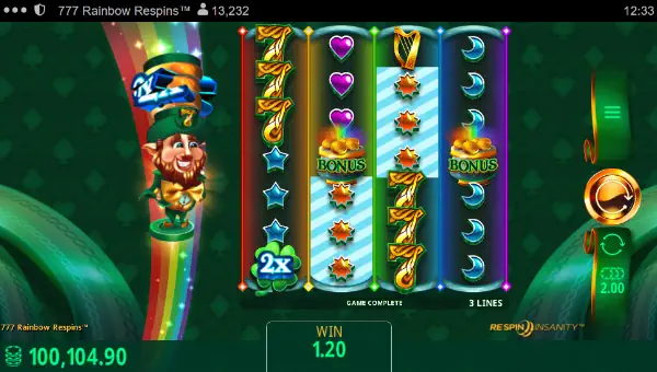 777 Rainbow Respins base game screenshot showing reels and features