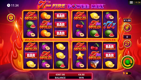 7s On Fire Power Mix base game screenshot showing reels and features