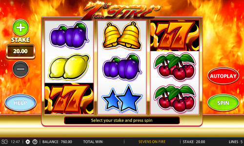 7s On Fire base game screenshot showing reels and features