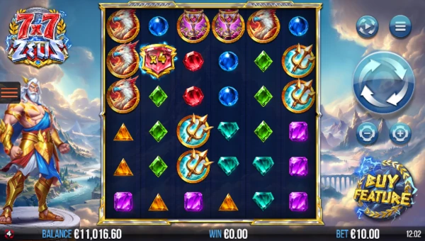 7x7 Zeus base game screenshot showing reels and features