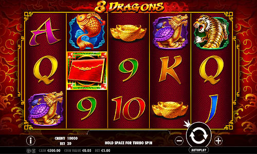 8 Dragons base game screenshot showing reels and features