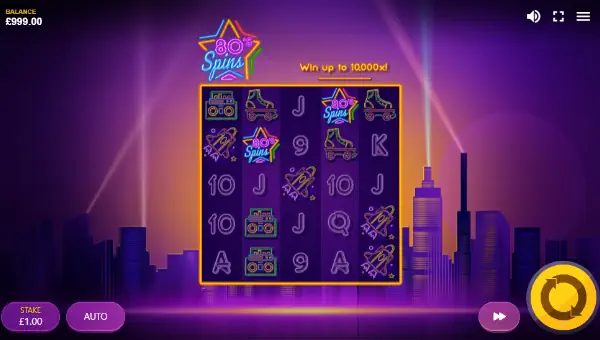 80s Spins base game screenshot showing reels and features