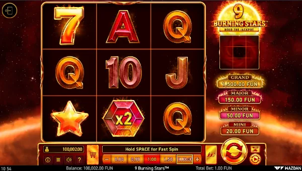 9 Burning Stars base game screenshot showing reels and features