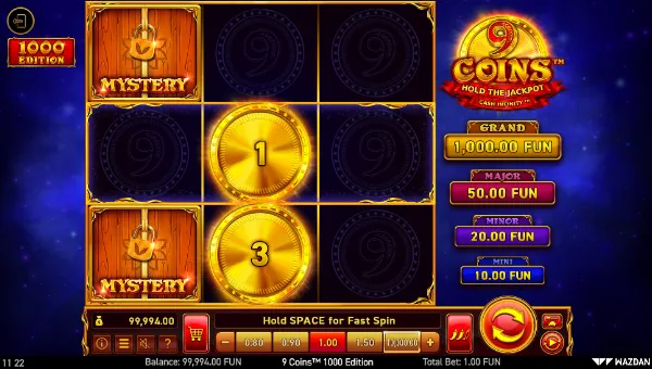9 Coins 1000 Edition base game screenshot showing reels and features