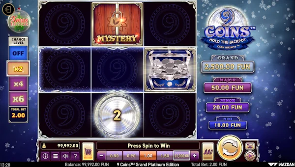 9 Coins Platinum Edition Xmas base game screenshot showing reels and features