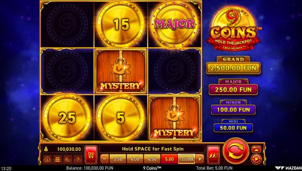9 Coins base game screenshot showing reels and features