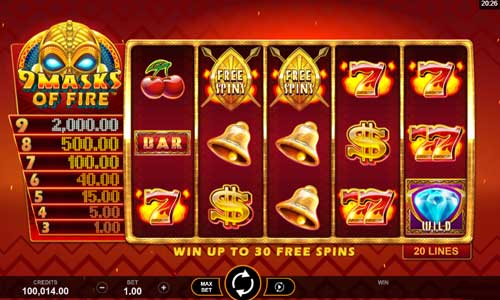 9 Masks of Fire base game screenshot showing reels and features