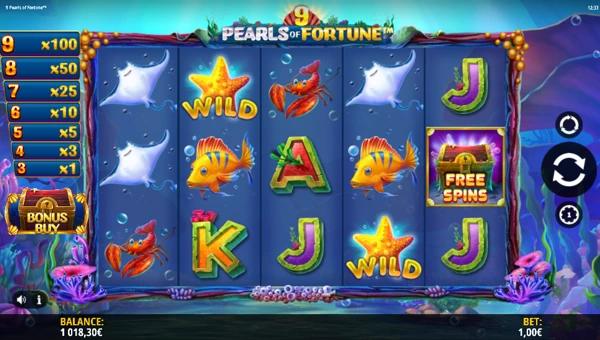 9 Pearls of Fortune base game screenshot showing reels and features
