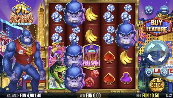 9k Kong in Vegas base game screenshot showing reels and features