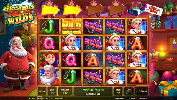 A Christmas Full of Wilds base game screenshot showing reels and features