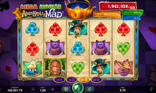 Absolootly Mad Mega Moolah base game screenshot showing reels and features