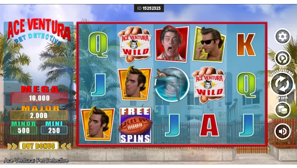 Ace Ventura Pet Detective base game screenshot showing reels and features