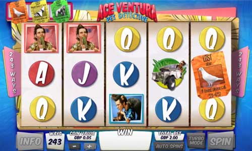 Ace Ventura base game screenshot showing reels and features